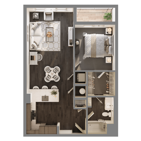 Floor plan for 1 bed, 1 bath, 769 sqft