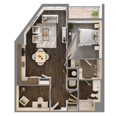 Floor plan for 1 bed, 1 bath, 852 sqft