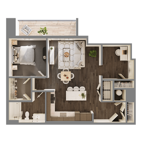 Floor plan for 1 bed, 1 bath, 857 sqft