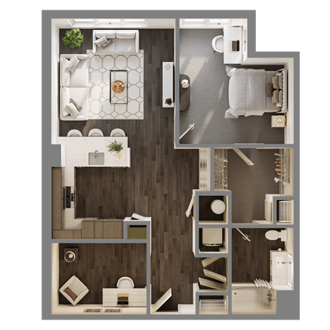 Floor plan for 1 bed, 1 bath, 939 sqft