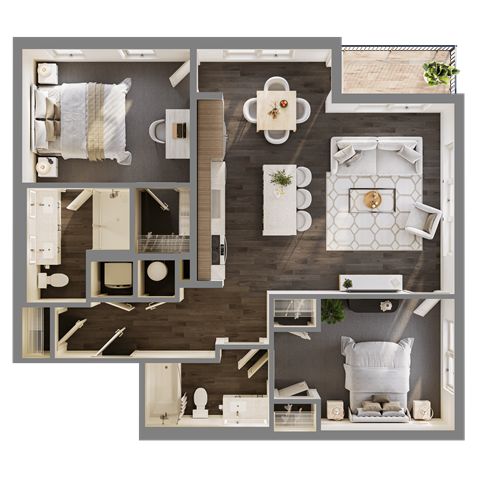 Floor plan for 2 beds, 2 baths, 1056 sqft