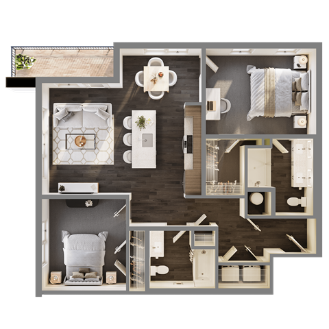Floor plan for 2 beds, 2 baths, 1081 sqft