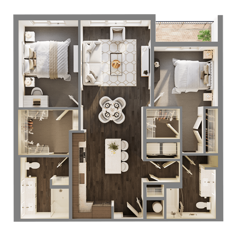 Floor plan for 2 beds, 2 baths, 1121 sqft