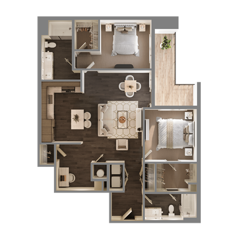 Floor plan for 2 beds, 2 baths, 1151 sqft