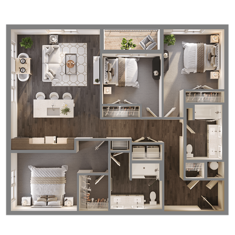 Floor plan for 3 beds, 2 baths, 1308 sqft