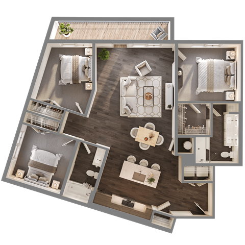 Floor plan for 3 beds, 2 baths, 1325 sqft