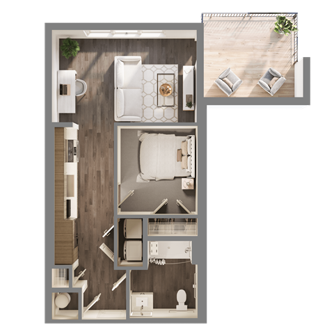 Floor plan for studio, 1 bath, 597 sqft