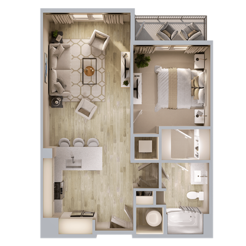 Floor plan for 1 bed, 1 bath, 724 sqft