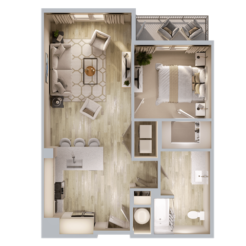 Floor plan for 1 bed, 1 bath, 724 sqft