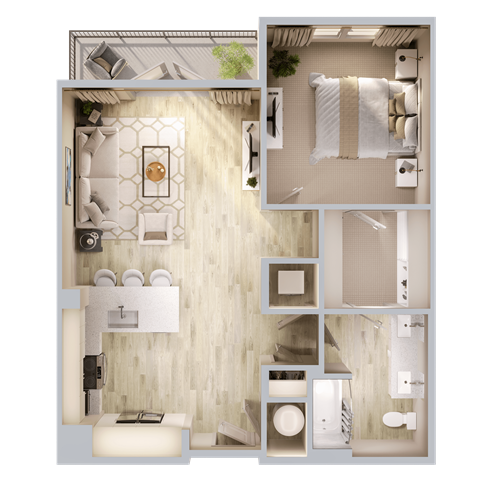 Floor plan for 1 bed, 1 bath, 805 sqft