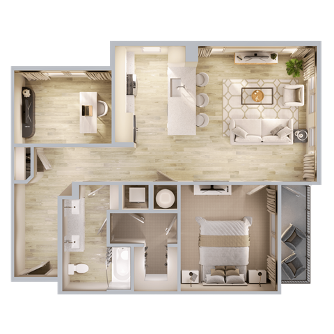 Floor plan for 1 bed, 1 bath, 961 sqft