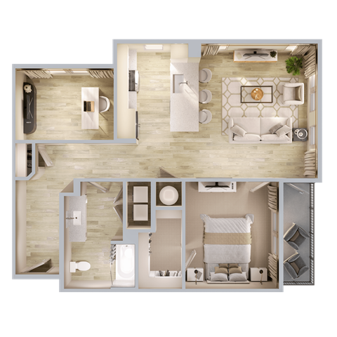 Floor plan for 1 bed, 1 bath, 961 sqft