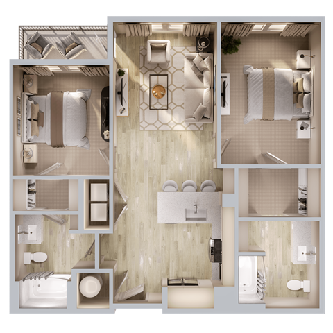 Floor plan for 2 beds, 2 baths, 978 sqft