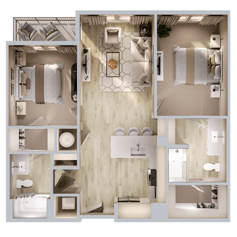 Floor plan for 2 beds, 2 baths, 978 sqft