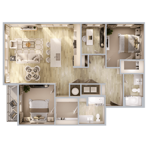 Floor plan for 2 beds, 2 baths, 1294 sqft