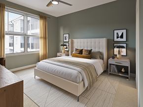 Del Valle apartment for rent - A bedroom with a large bed and a window with curtains.