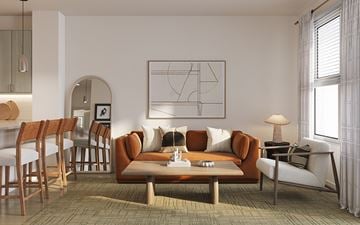 Del Valle apartment for rent - A living room with a large painting on the wall and a coffee table in the center.