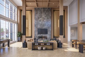 San Antonio apartment for rent - A modern living room with a fireplace and a large painting on the wall.