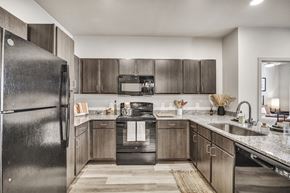 Von Ormy apartment for rent - A modern kitchen with a black refrigerator and wooden cabinets.