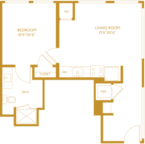 Floor plan for 1 bed, 1 bath, 589 sqft