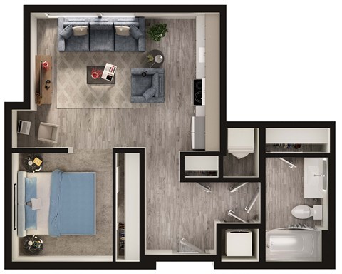 Floor plan for 1 bed, 1 bath, 566 sqft