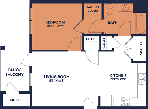 Floor plan for 1 bed, 1 bath, 662 sqft