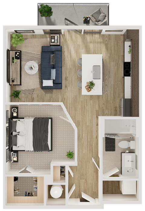 Floor plan for 1 bed, 1 bath, 633 sqft