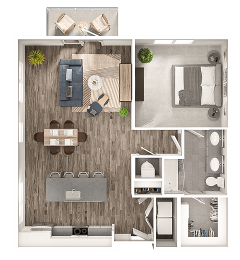 Floor plan for 1 bed, 1 bath, 967 sqft