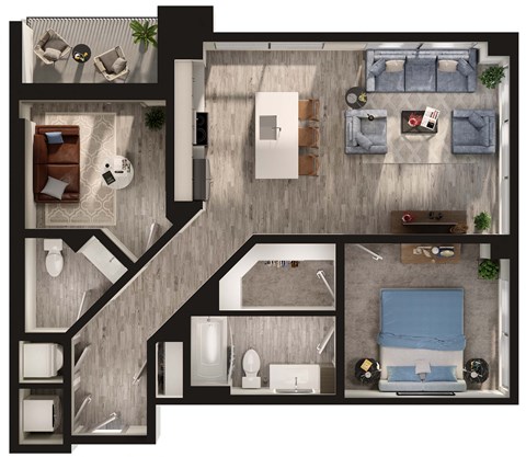 Floor plan for 1 bed, 1.5 baths, 943 sqft