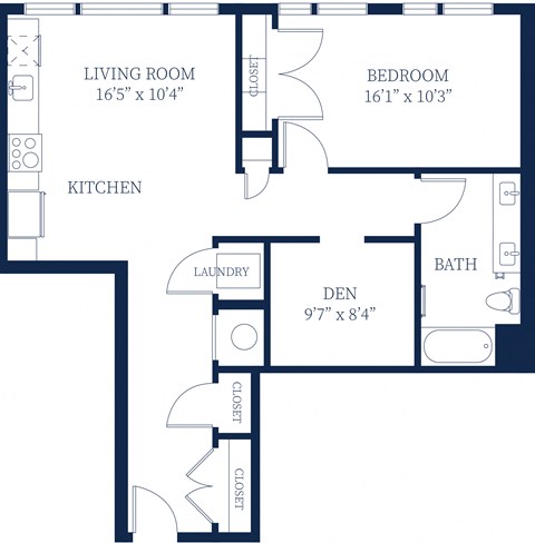 Floor plan for 1 bed, 1 bath, 891 sqft