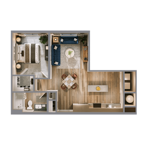 Floor plan for 1 bed, 1 bath, 716 sqft
