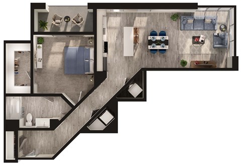 Floor plan for 1 bed, 1 bath, 1000 sqft