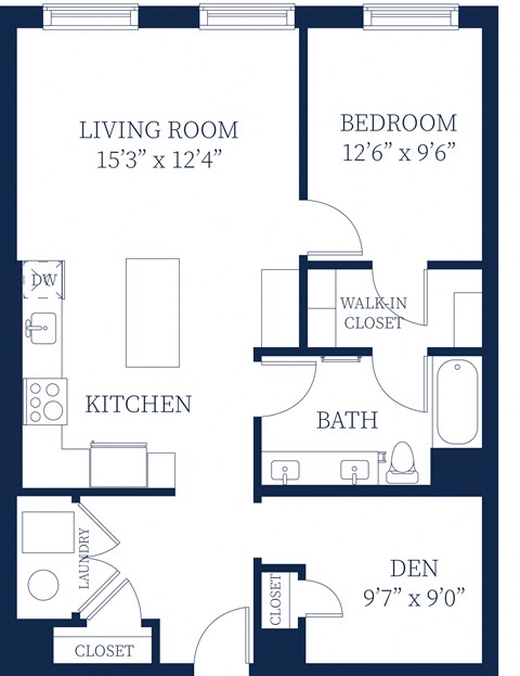 Floor plan for 1 bed, 1 bath, 897 sqft