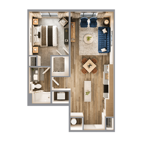 Floor plan for 1 bed, 1 bath, 721 sqft
