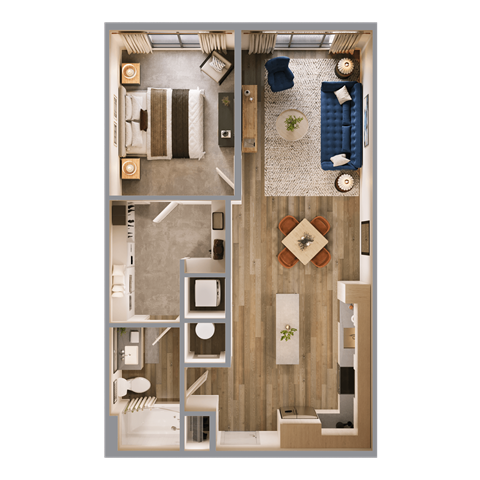 Floor plan for 1 bed, 770 sqft
