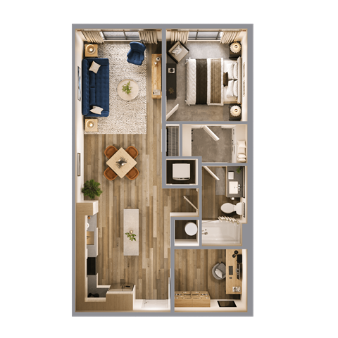 Floor plan for 1 bed, 1 bath, 837 sqft