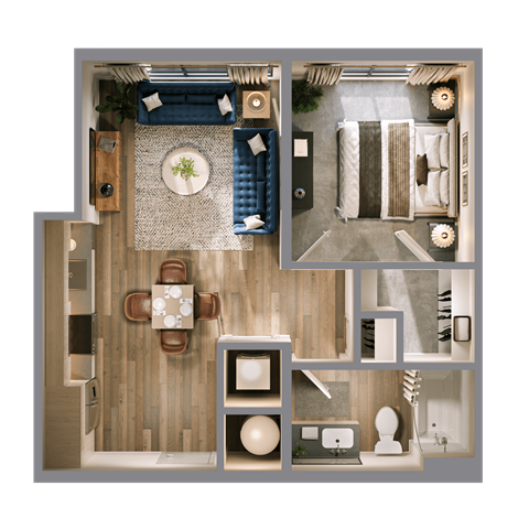 Floor plan for 1 bed, 1 bath, 578 sqft