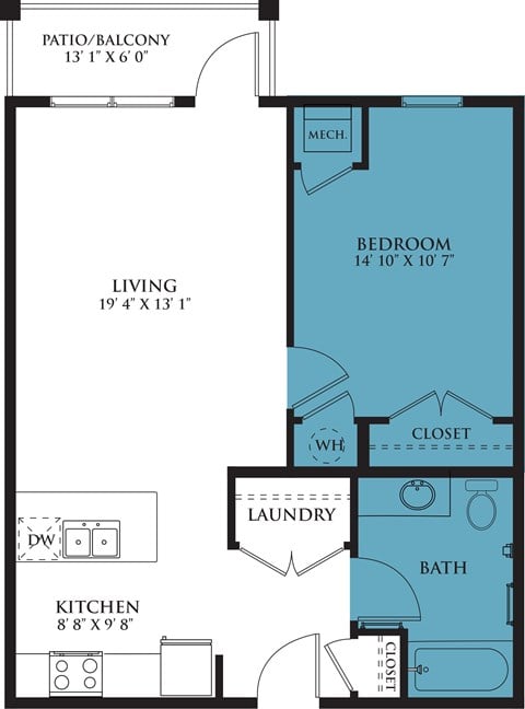 Floor plan for 1 bed, 1 bath, 875 sqft