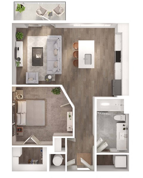 Floor plan for 1 bed, 1 bath, 640 sqft