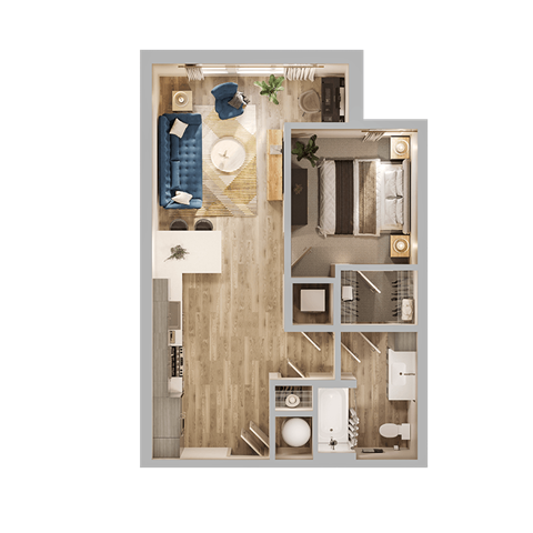 Floor plan for 1 bed, 1 bath, 677 sqft