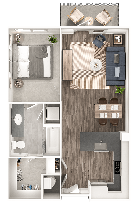 Floor plan for 1 bed, 1 bath, 679 sqft