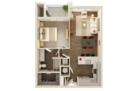 Floor plan for 1 bed, 1 bath, 738 sqft