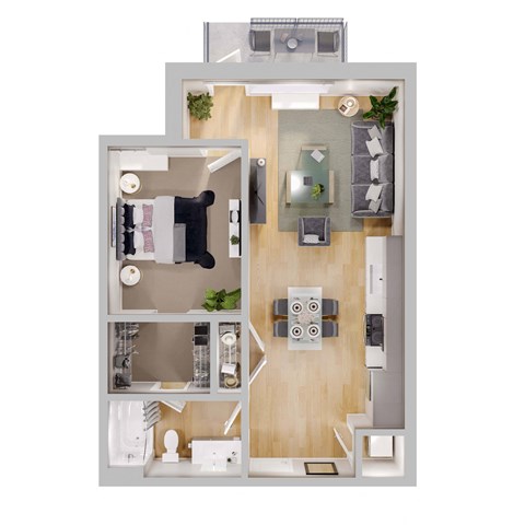 Floor plan for 1 bed, 1 bath, 693 sqft