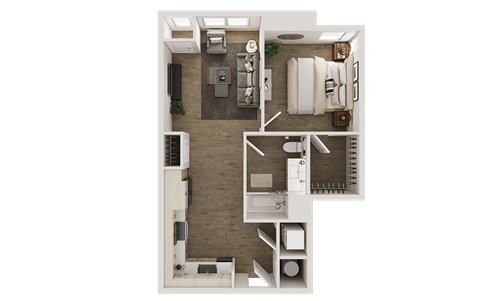 Floor plan for 1 bed, 1 bath, 718 sqft