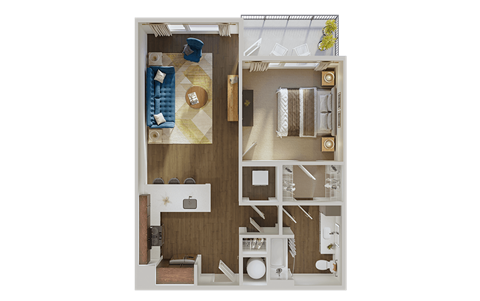 Floor plan for 1 bed, 1 bath, 740 sqft