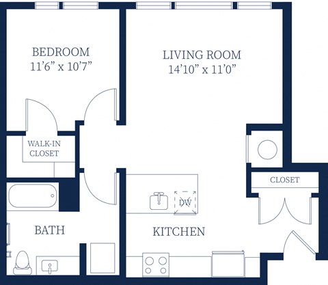Floor plan for 1 bed, 1 bath, 747 sqft