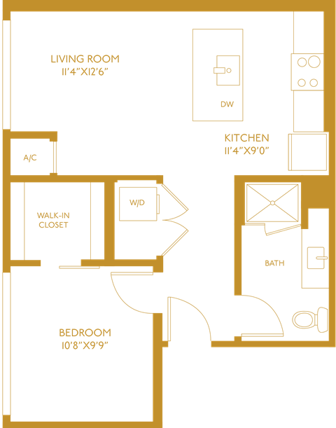 Floor plan for 1 bed, 1 bath, 592 sqft
