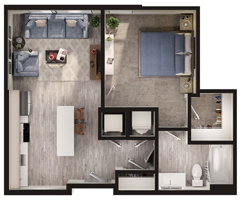 Floor plan for 1 bed, 1 bath, 615 sqft