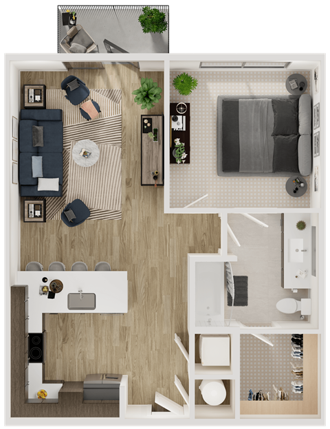 Floor plan for 1 bed, 1 bath, 725 sqft