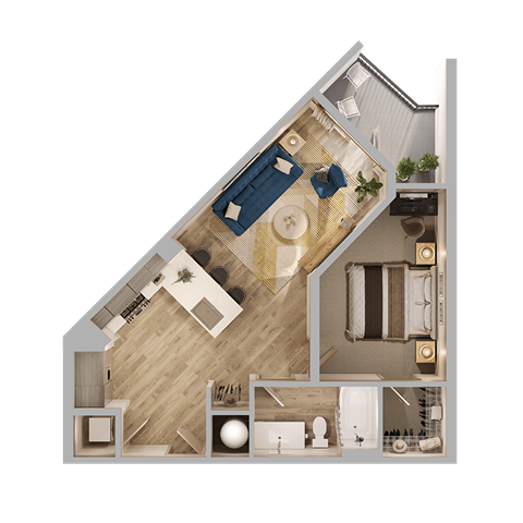 Floor plan for 1 bed, 1 bath, 679 sqft